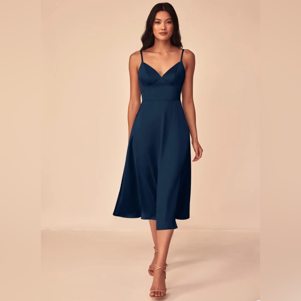 Azazie Dottie Navy Tea length Dress NWT